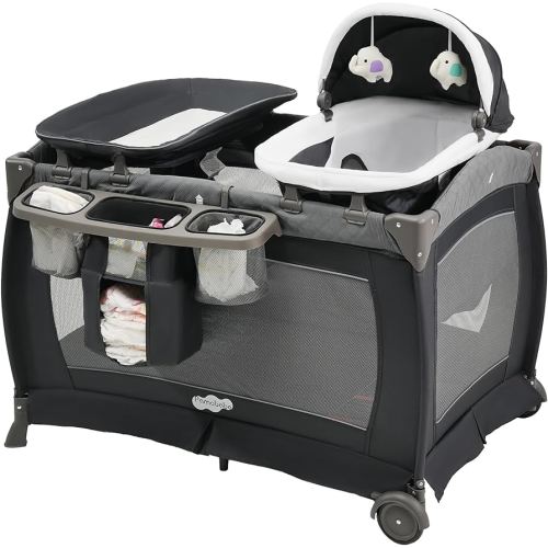 Pamo Babe Playard Portable Playard Foldable Playpen for Baby and Toddler Portable Crib Mattress Diaper Changer for Newborn (Grey)