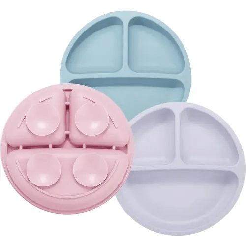PandaEar 3 Pack Toddler Plates, Silicone Divided Suction Plate for Babies, BPA-Free 100% Food-Grade Silicone Unbreakable Baby Plate (Pink/Purple/Blue)