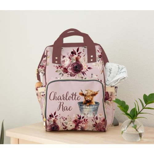 Highland Cow Floral Diaper Bag Backpack - Personalized Baby Girl Shower Gift