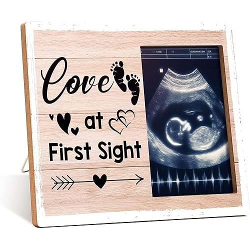 Rustic New Baby Sonogram Photo Frame - Love At First Sight Pregnancy Announcement - 8x10 Inch, Holds 4x6 Inch Photos, Wooden Frame with Stand
