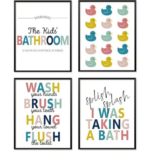 Locomiss Kids Rubber Ducky Bathroom Set Wall Art Decor Posters, Blue Kids Boys Girls Bathroom Accessories Rules Decor Sets, Wall Art for Boy Girls Toddler Accessories, Set of 4 (8x10 Unframed)