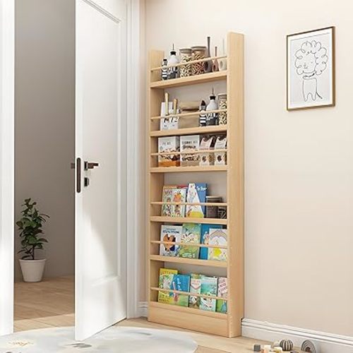 Wooden 3/4/5/6 Tier Behind The Door Bookshelf, Tall Narrow Floor Standing Bookcase, Space-Saving Storage Organizer for Books, Bedroom, Living Room, Office Wood Color 27.6x3.9x70.2
