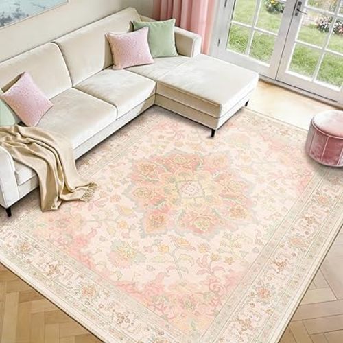 CAPALOCA Machine Washable Rugs Nursery Rug 9x12 Cute Girl Non Slip Low Pile Water Repellent Soft Print Pattern for Bedroom Indoor Decor Kids Playroom Pink Green