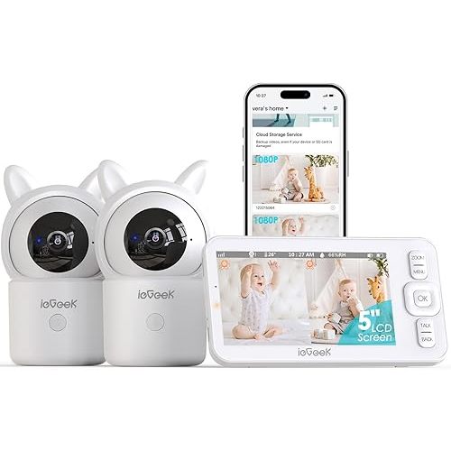 ieGeek Baby Monitor with 2 Cameras, 5" Screen & 1080P Cameras & Free Smart App Split Screen Dual Baby Monitor, Upgraded Night Vision/PTZ/2-Way Audio/Auto Tracking Detection Notification and Alert