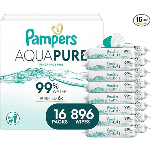 Pampers Aqua Pure Baby Wipes, 99% Water, Fragrance Free, 896 Baby Wipes Total (16X Flip-Top Packs) [Packaging May Vary]
