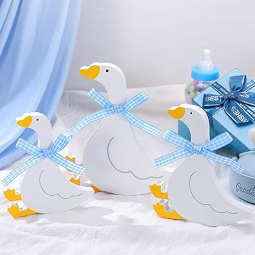 Yousoontic 3 Pcs Wooden Silly Goose Decorations, Cute Goose with Blue Bow, Funny Table Centerpiece for Baby Shower, 1st Birthday, Nursery, Tiered Tray, Desk & Shelf Decor, 5.9/4.9/4.3 Inch