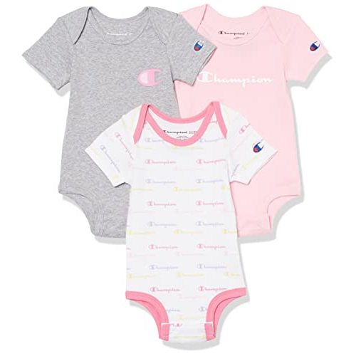 Champion 3-Pack Short Sleeve Baby Bodysuit, Gender Neutral Baby Clothes Infant Clothing, Multiple Colors/0-6M