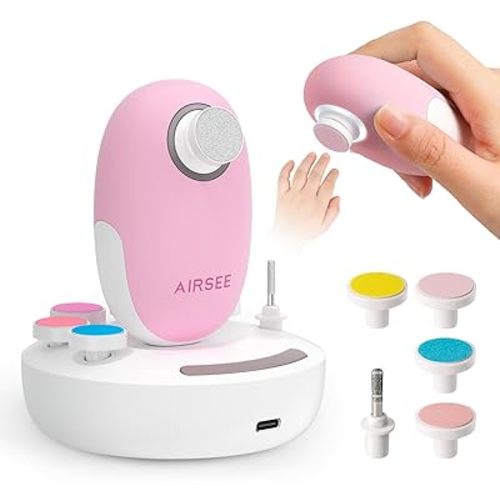 AIRSEE Baby Electric Nail File Kit with LED Light, Cordless Safe & Easy Electric Nail Trimmer Baby Care Set, 6 Replacement Heads & Storage Case, Gentle Newborn Clipper, Candy Pink