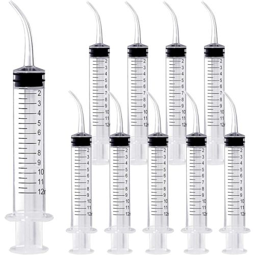 Wisdom Teeth Syringe, 12ml with Curved Tip & Measurement, Sterile Individually Package Dental Irrigation Syringe for Oral Dental Care, Tonsil Stones Removing, Lab, Liquid, Feeding (10 Pack)