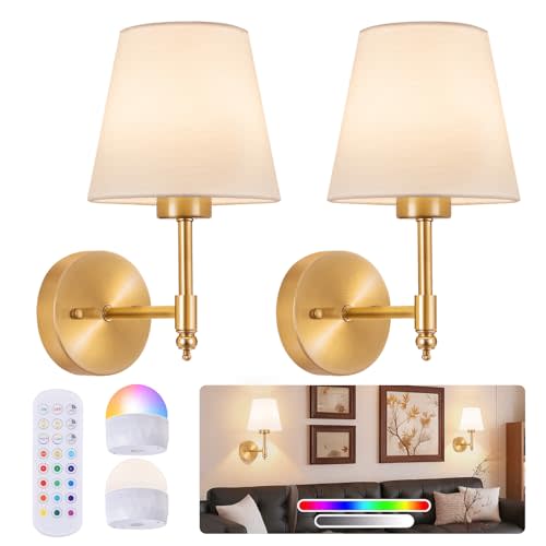 Battery Operated Wall Sconce Set of 2, Rechargeable Wireless Wall Lights | with fabric Lampshade, 5200mAh Dimmable Bulb with Remote,15 Colors Wireless Wall Lamps for Bedroom Living Room Hallway Decor