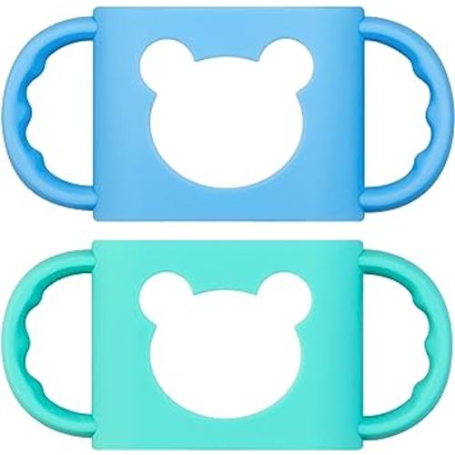 Baby Bottle Handles, Durable Food Grade Silicone Transitional Sippy Cup Handle Grip for Wide-Neck Baby Bottles, Cute Bear Design, Pack of 2, Blue & Turquoise