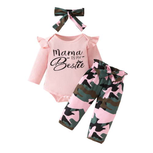 Bellafa Newborn Infant Girl Clothes Rib Knit Romper Camo Print Pants Headband Baby Outfits for Girls 0 3 6 12 18 Months