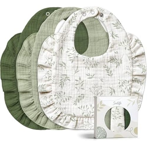 3-Pack Muslin Baby Bibs, 100% Muslin Cotton Bibs with Ruffle Trim