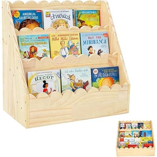 Kids Bookshelf-3-Tier Wooden Book Shelf for Kids Rooms,Nursery&Toddlers Montessori Bookcase with Deep Storage Pockets, Baby Book Storage,Children's Bookshelf for Nursery&Bedroom (Small)