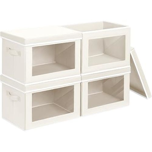 Storage Bins with Lids, 4 Pack Large Storage Cubes with Window, Closet Bins with Lids & Handles, Fabric Box for Organizing Clothes, Towels, Books, Beige