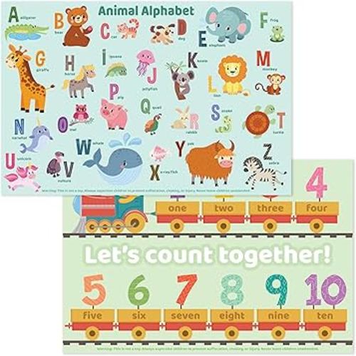 Bright Seed Disposable Placemats for Baby, Toddlers and Kids, 40 Disposable Baby Placemats for Restaurant, Dining Table & Travel, Learning Placemats for Kids, Toddler Travel, Animals ABC & Numbers