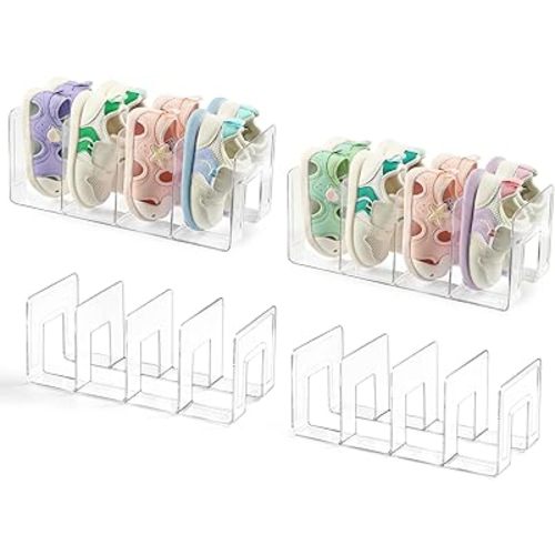 4 Pack Clear Acrylic Kids Shoe Rack for Closet Organizers and Storaget, Baby Shoe Storage Small Shoe Rack 4 Sections Kids Shoe Organizer Stackable,Desk File Sorter Book Purse Organizer