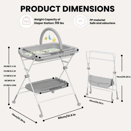 Adjustable Height Portable Folding Baby Diaper Changing Station with Wheels and Steel Pipe Frame