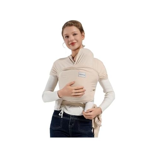 MISSWISDOM Baby Wraps Carrier, Baby Carrier Wrap Newborn Sling 7-35Lbs, Baby Wearing Wrap Newborn Wrap Carrier, Baby Sling Carriers for Newborn and Infant, Beige