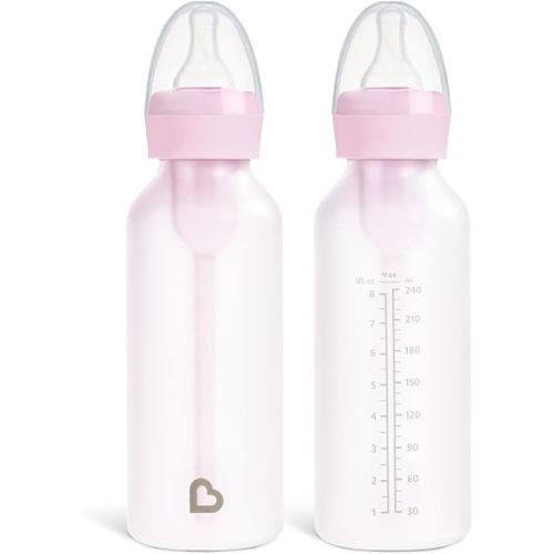 Munchkin Bond Silicone Coated Glass Baby Bottles - Anti-Colic Feeding System with Natural Feel Nipples, 8 Ounce, 2 Pack, Pink