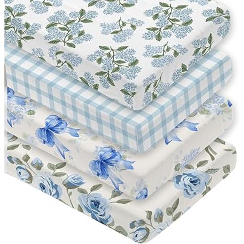 4 Pack Hydrangea Crib Sheet Set for Boys or Girls, Floral Neutral Soft Breathable Fitted Crib Sheet, Blue Hydrangea Nursery Decor for Standard Crib and Toddler Bed Mattresses 28 x 52 in