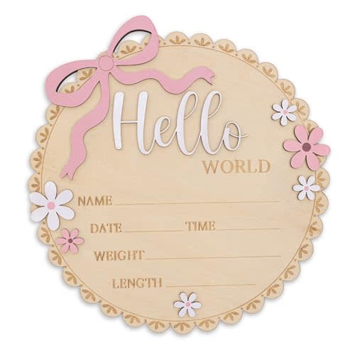 Hello World Wooden Baby Birth Announcement Sign, Pink Floral Newborn Name Date Time Weight Length Board, Baby Girl Nursery Decor Photo Prop Keepsake (Light Pink)