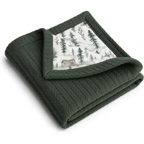 Mouliss Muslin Baby Blanket, Cable Knit, 41x30 in, Forest Green Mountains