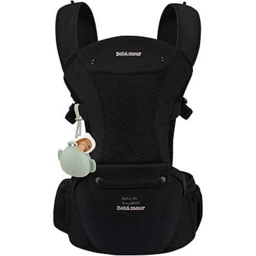 Bebamour Baby Carrier with Hip Seat,All-Position Breathable Mesh Hip Seat & Carrier 0-36Months with Head Hood, 3 PCS Teething Pads, Waist Extender,Storage Bag & Pacifier Case(Black)