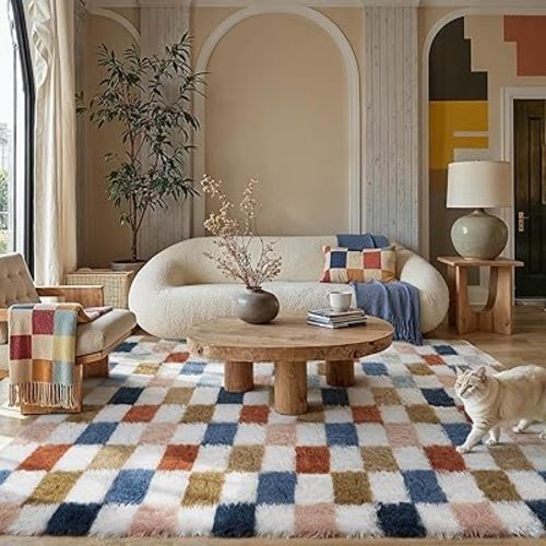 Checkered Rug 6x9 for Living Room, Modern Rainbown Shag Rug Washable Non-Slip Large Area Rug Super Soft Indoor Fuzzy Carpet Fluffy Rugs for Bedroom Home Aesthetic Decor
