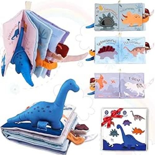 Richgv Baby Books Toys 0-6-12 Months, Baby Boy Gifts Touch and Feel Crinkle Books with Dino Doll, Newborn Infant Carseat Toys 6-9-12 Months Shower Gifts Easter Basket Stuffers
