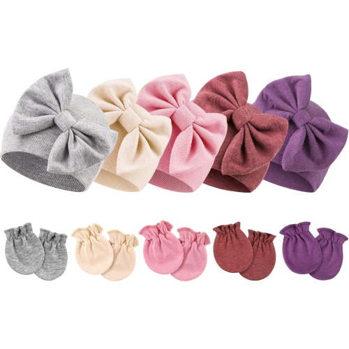 BQUBO Newborn Baby Girls Hats Mittens Set Hospital Hat Beanie Infant Bow Hats Baby Cotton Gloves No Scratch Mittens