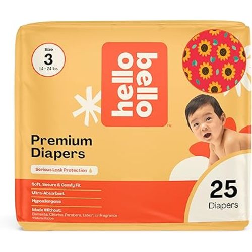 Hello Bello Diapers, Size 3 (14-24 lbs) Flower Child, 25 Count of Premium Disposable Baby Diapers, Hypoallergenic with Soft, Cloth-Like Feel