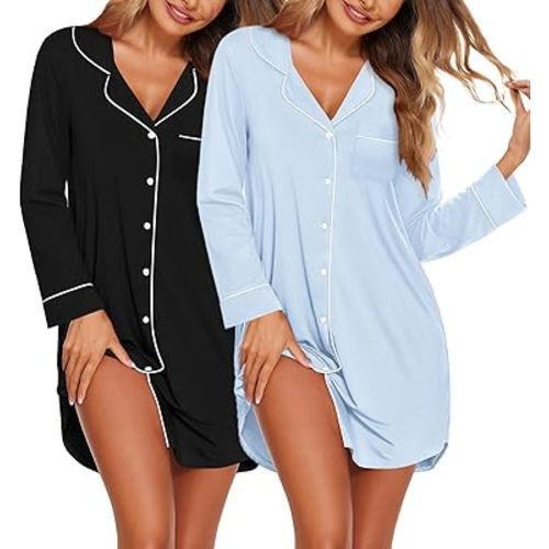 Ekouaer 2 Pack Nightgowns for Women Long Sleeve Night Shirt Button Down Sleep Shirt V-Neck Sleep Dress Pajama Sleepwear