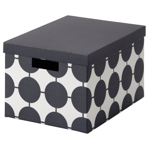 TJENA Storage box with lid - white black/dotted 9 ¾x13 ¾x7 ¾ "