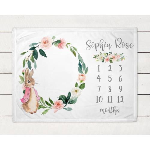 Peter Rabbit Milestone Blanket, Personalized Baby Blanket, Monthly Growth Tracker, Blush Pink Flowers, New Baby Gift, Baby Girl, Bunny,