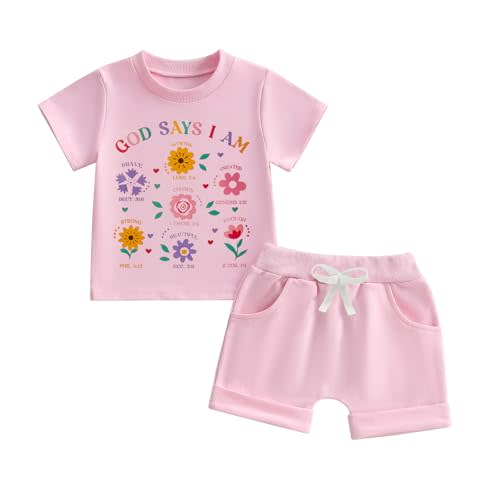 Fernvia Toddler Baby Girl Summer Clothes Floral Letters Print Short Sleeve T-Shirt Tops Solid Shorts Outfit Set