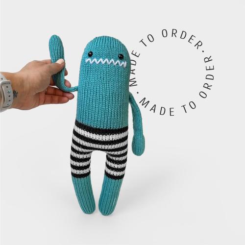 14” Tall Striped Pants Monster • Handmade Knit Monster Plushie with Unicorn Helmet Add-on