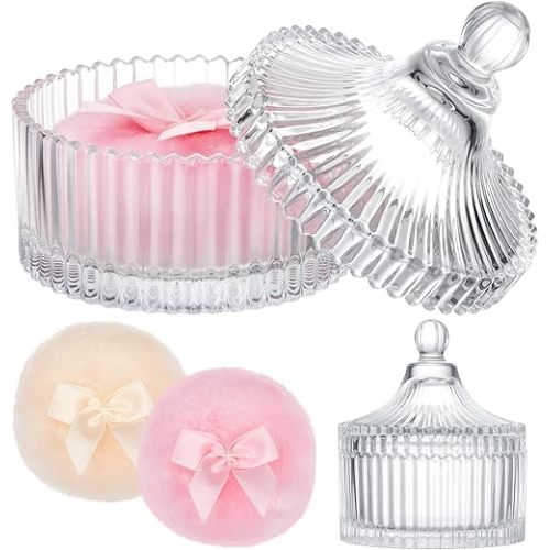 Tioncy 3 Pcs Large Body Powder Puff and Container Powder Container with Puff Crystal Case Soft Washable Reusable Velour Face Body Glitter Wet Dry Makeup(Simple,Clear)