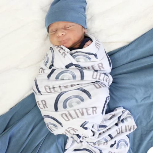 Brooks' Blue Rainbows Personalized Swaddle Blanket