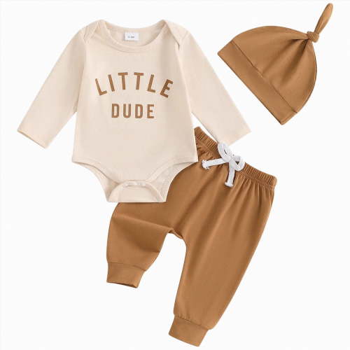UngA Newborn Baby Boy Clothes Fall Outfit Infant Letter Print Romper Pants Hat Set Coming Home 3Pcs Matching Outfits (Beige,3-6 Months)