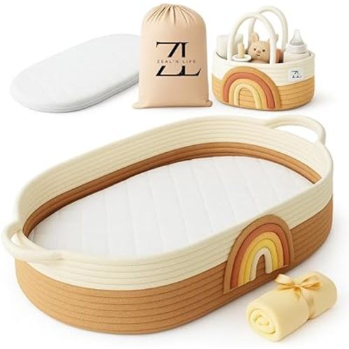 ZEAL’N Life™ Handcrafted Baby Changing Basket 5 in 1, Soft Baby Blanket, Waterproof Changing Pad & Caddy Basket, Elegant Gift for Newborn & Nursery, Moses Basket for Newborns, Changing Pad