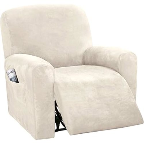 H.VERSAILTEX Velvet Stretch Recliner Couch Covers 4-Pieces Style Recliner Chair Covers Recliner Cover for Reclining Chair Slipcovers Feature Non Slip Form Fitted Thick Soft Washable, Ivory