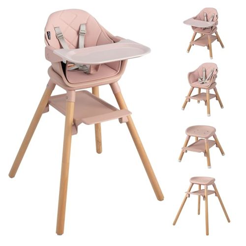 HONEY JOY Baby High Chair, 6 In 1 Convertible Wooden Highchair for Babies and Toddlers/Toddler Chair/Bar Stool, Removable Double Tray & Reversible Footrest, Safety Harness for Infant Boys Girls (Pink)