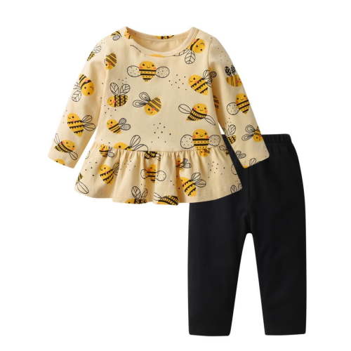 Toddler Baby Girl Clothes Long Sleeve Bee Animal Style Tops Solid Pants Outfit Set Yellow 12-18 Months