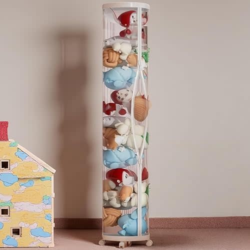 Large Stuffed Animal Storage Tube with Wheels, 59''×11''Toy Organizer with Double Zipper, WhiteClear PET Cylinder Container for Plush Toy Organization, Space Saving Kids Room Storage
