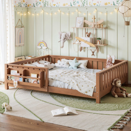 East Urban Home Queen Size Kids Floor Bed With Fence And Built-in Bookshelf,queen Montessori Floor Bed With Slats And Safety Guardrail,kids Floor Bed For Girls Boys Bedroom | Wayfair