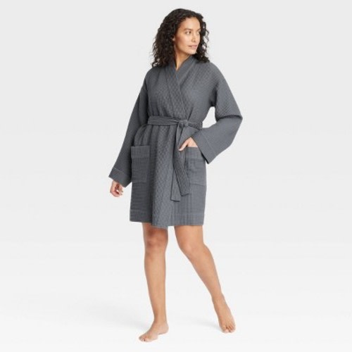 Women's Waffle Robe - Auden™ Dark Gray XS/S: Front Tie, Long Sleeve