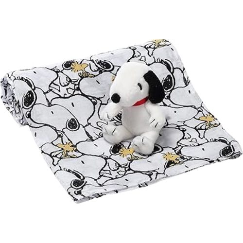 Lambs & Ivy Snoopy Muslin Swaddle Blanket & Mini Plush Newborn Baby Gift Set