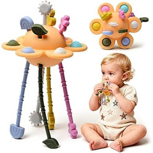 Little Rawr Silicone Baby Sensory Montessori Toys & Pull String Teething Toys for 18 M+, Toddler Birthday Gift Car Seat Airplane Travel Toy for 1 2 Year Old Boy Girl Infant 18 Months Old (Orange)