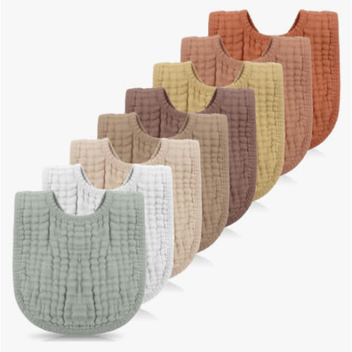 Frienda 8 Pcs Muslin Baby Bibs Cotton Bandana Drool Bibs Bulk for Newborn Infant 6 Absorbent Layers Feeding Accessory(Warm Colors)